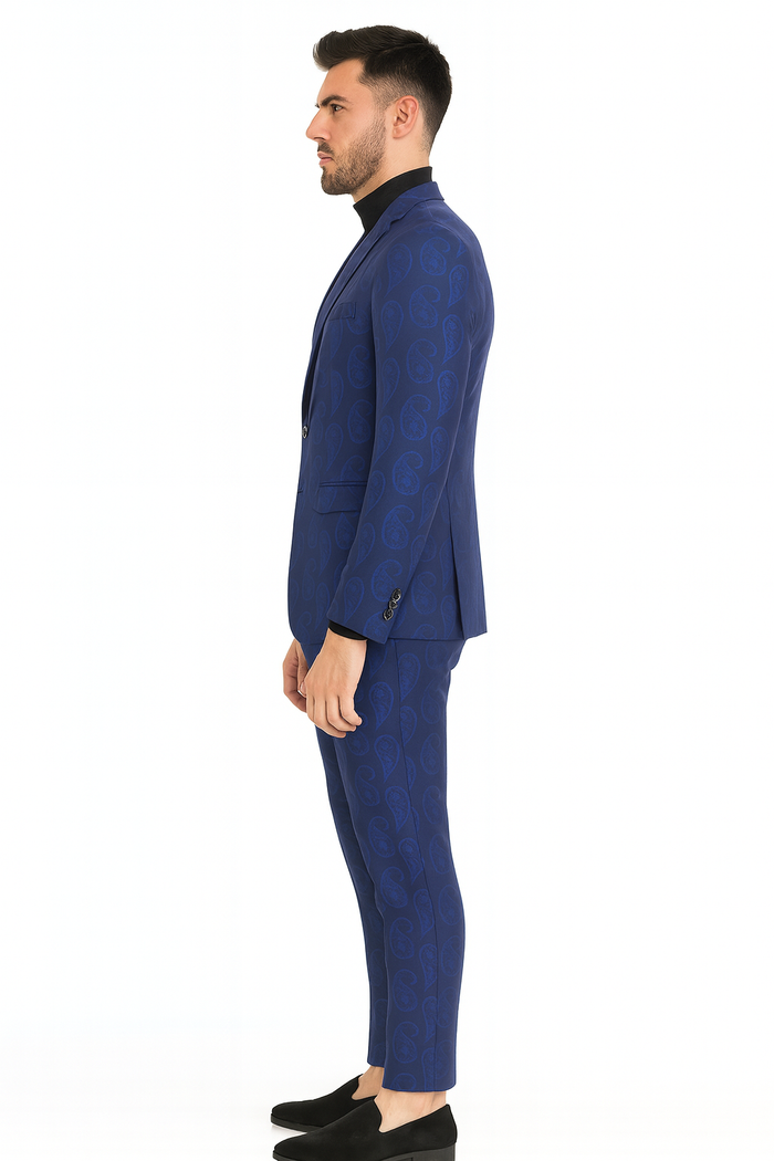 Men’s Sapphire Blue Paisley 3-Piece Suit – Slim Fit Designer Tuxedo Set for Weddings and Formal Events in Cobalt Blue Color