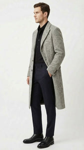 Men’s Grey Herringbone Long Overcoat – Tweed Black and White Pattern Wool Topcoat Three Qaurter