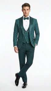 Men’s Hunter Green Paisley Tuxedo – 3 Piece Prom & Wedding Suit with Matching Bow Tie