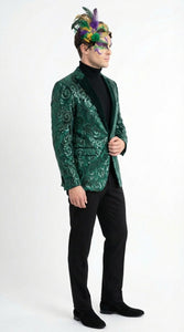 Mens Emerald Green Mardi Gras Blazer with Black Satin Lapel – Paisley Swirl Pattern Formal Party Jacket