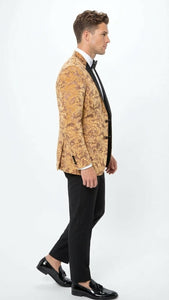 Men’s Yellow Gold Baroque Pattern Tuxedo Blazer Suit – Party and Wedding Jacket Prom Paisley Black Pants