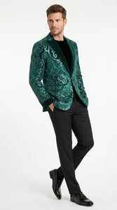 Men’s Emerald Green Paisley Tuxedo Dinner Jacket with Black Lapel, Formal Prom Wedding Party Blazer