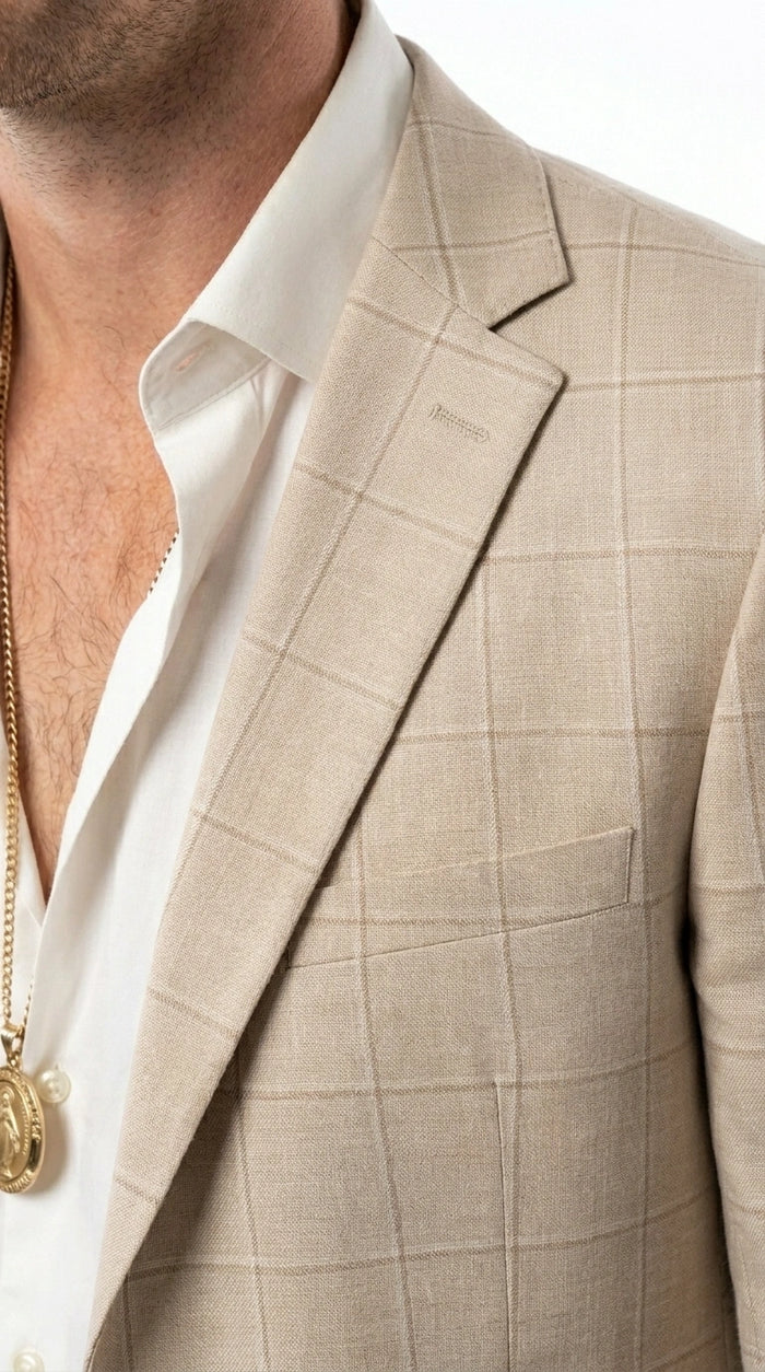 Men’s Cream Tan Beige Windowpane Plaid Western Blazer, Formal Cowboy Wedding Prom Sport Coat Jacket