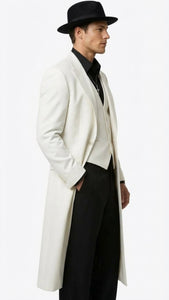 Mens White Long Zoot Suit Costume Set with Black Pants – Wedding, Prom and Party Outfit 1920s - 1930s Gangster Style