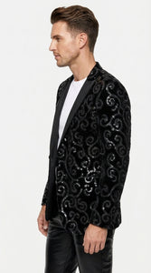 Men’s Black Velvet Sequin Swirl Dinner Jacket – Blazer Paisley Sparkly