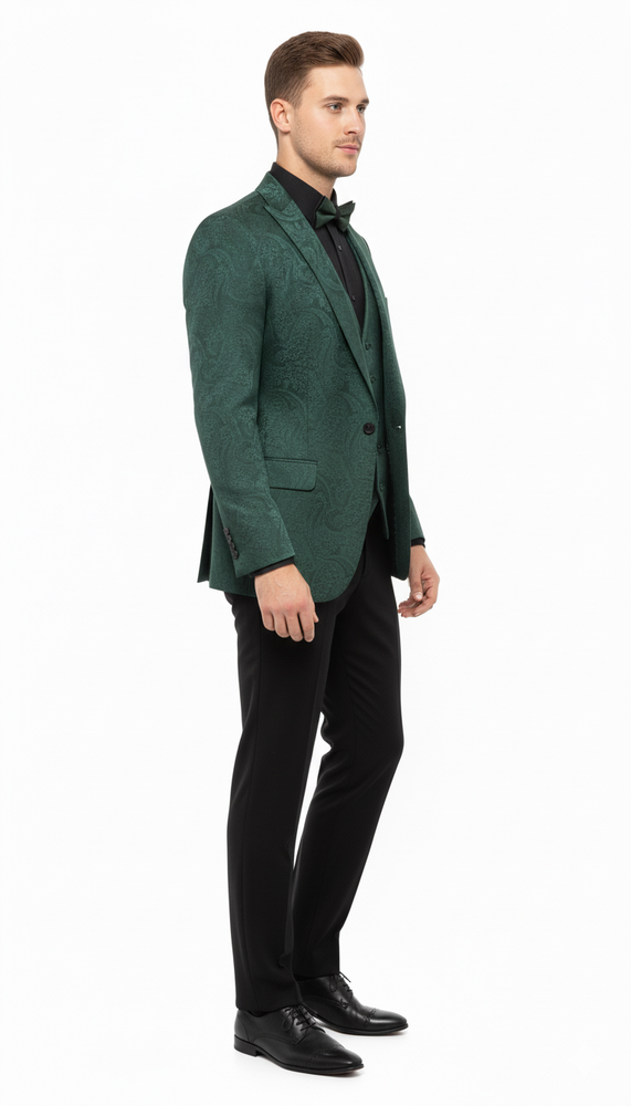Men’s Emerald Green Paisley Tuxedo 3-Piece Suit – Slim Fit Formal Blazer, Vest, and Pants for Weddings, Proms