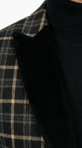 Mens Tartan Black and Gold Check Blazer – Windowpane Plaid Sport Coat Velvet Lapel Formal Party Jacket Chirsitmas New Year Holiday Jacket