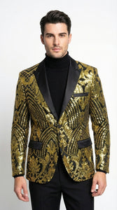 Mens Black and Gold Pattern Blazer – Gold Floral Luxury Formal Blazer Jacket for Prom, Wedding and Party Slim Fitted