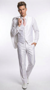 Men’s Shiny White Sateen 3 Piece Suit – Wedding Prom Formal Suit with Vest