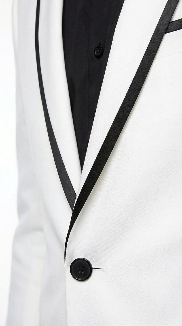 Men’s White Disco Blazer 70s Era Costume Jacket – Black Trim Retro Party Blazer, Vintage Dance Outfit, Stylish Evening Themed Wear