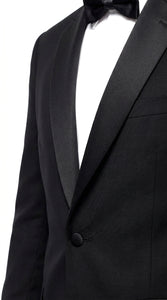 Men’s Black Uniform Tuxedo – One-Button Satin Lapel Formal Suit for Weddings, Prom and Events