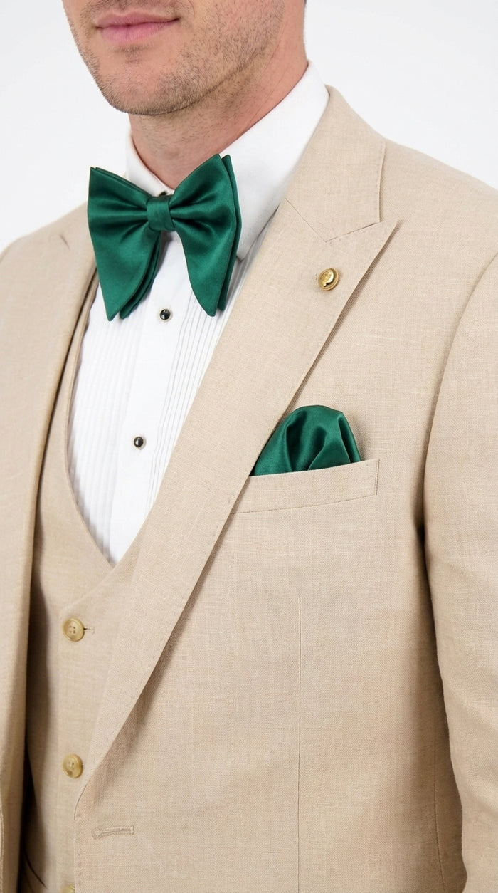 Men’s Khaki Tan 3-Piece Groomsmen Suit – Wedding Suit with Double-Breasted Vest and Pants Great Gatsby Style Gold buttons