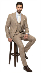 Men's Beige Pinstripe Three-Piece Vested Suit – Tailored Fit  Business Attire in Tan Stripe by Rossiman