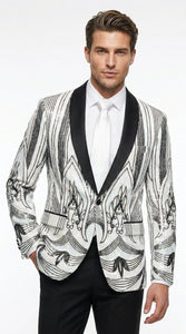 Men’s White and Black Patterned Tuxedo Blazer – Luxury Designer Dinner Jacket for Wedding, Prom and Formal Events New Year Christmas Holiday