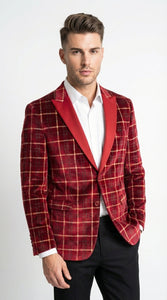 Mens Red Burgundy Plaid Blazer with Contrast Lapel – Velvet Fabric Check Prom Blazer Jacket for Party, Christmas New Year Holiday Jacket