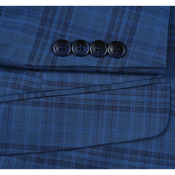 Mens Two Button Slim Fit Sport Coat Blazer in Medium Indigo Blue Windowpane Plaid