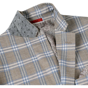 Mens Two Button Classic Fit Sport Coat Blazer in Grey Tan Windowpane Plaid