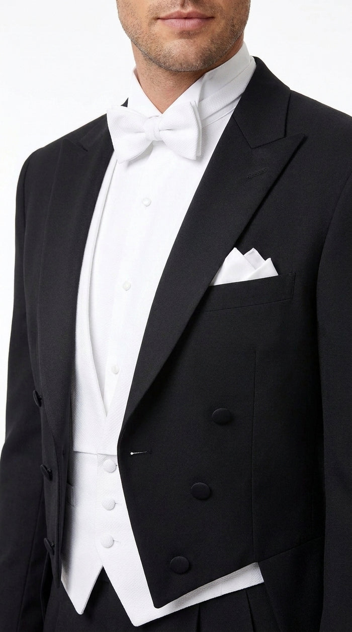 Men’s Black Victorian Tailcoat Tuxedo – 1800s 19th Century Edwardian Peak Lapel Formal Suit