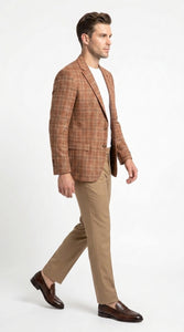 Vitali Men’s Rust Copper Brown Plaid Blazer with Tan Pants – Classic Windowpane, Business and Smart-Casual Birck color  Suit