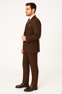 Men’s Brown Pinstripe 3-Piece Suit – Classic Fit Business Suit with Vest & Notch Lapel Blazer