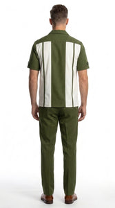 Men’s Olive Green and White Walking Suit – 2-Piece Short Sleeve Casual Leisure Outfit
