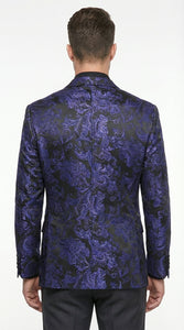 Mens Royal Blue Paisley Jacquard Blazer – Luxury Pattern Tuxedo Dinner Jacket with Black Satin Lapel for Wedding, Prom With Bowtie