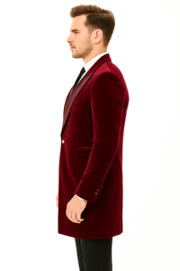 Men’s Burgundy Tuxedo in  Velvet  Long Blazer – Victorian Cutaway Tuxedo Suit 1920s Gangster Style Long Jacket with Black Pants