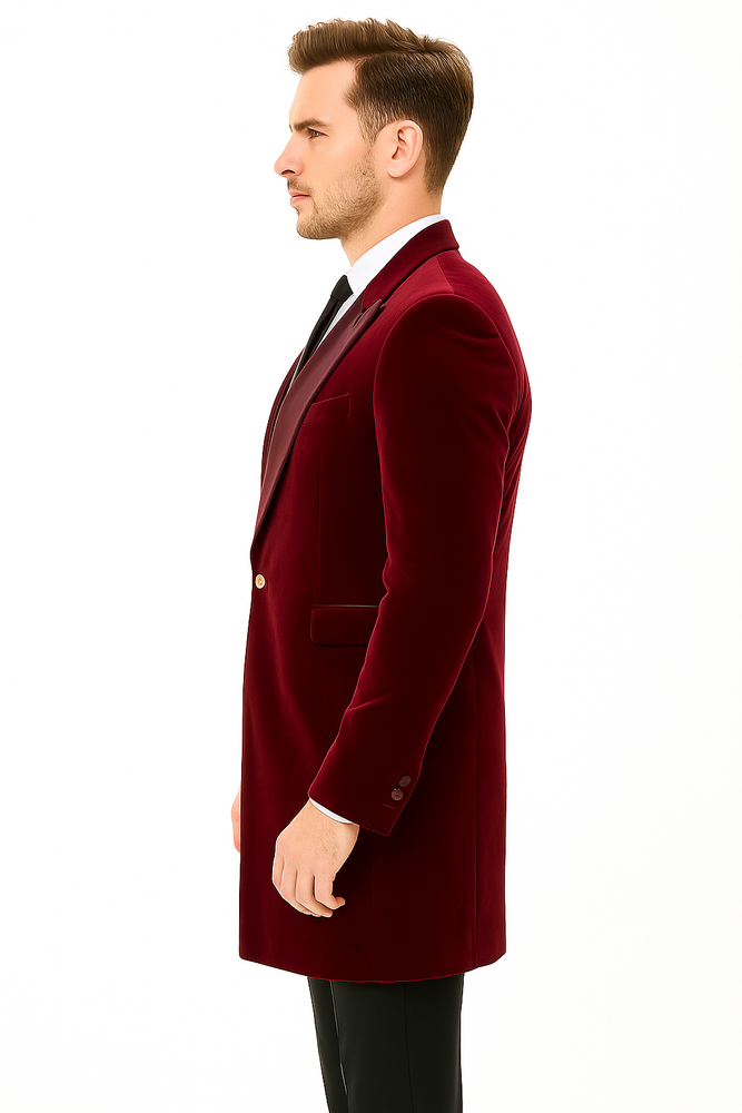 Men’s Burgundy Tuxedo in  Velvet  Long Blazer – Victorian Cutaway Tuxedo Suit 1920s Gangster Style Long Jacket with Black Pants