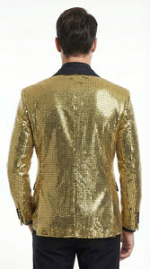 Mens Gold Sequin Blazer with Black Satin Lapel – Gold Formal Party Blazer Jacket for Prom, Wedding and Stage Events