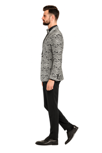 Men’s Black and Silver Paisley Tuxedo Jacket – Slim Fit Dinner Blazer with Matching Bow Tie with Black Pants