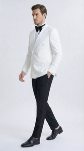Men’s White Double Breasted Dinner Jacket Blazer with Black Pants – Formal Tuxedo Style Outfit for Weddings