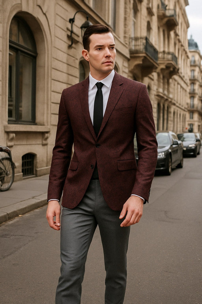 Mens Burgundy and Black Paisley Tuxedo Blazer – Slim Fit Formal Dinner Jacket