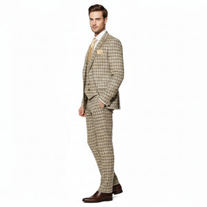 Men’s Beige and Navy Check 3-Piece Suit Set – Premium Tailored Fit Formal Wedding and Business Suit By Rossiman