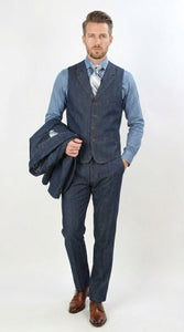 Men’s Pleated Pants Dark Blue Denim 3 Piece Suit – 100% Cotton Formal Suit Set, Blazer Vest Pants Outfit Classic Fit Athletic Fit Lose Fit