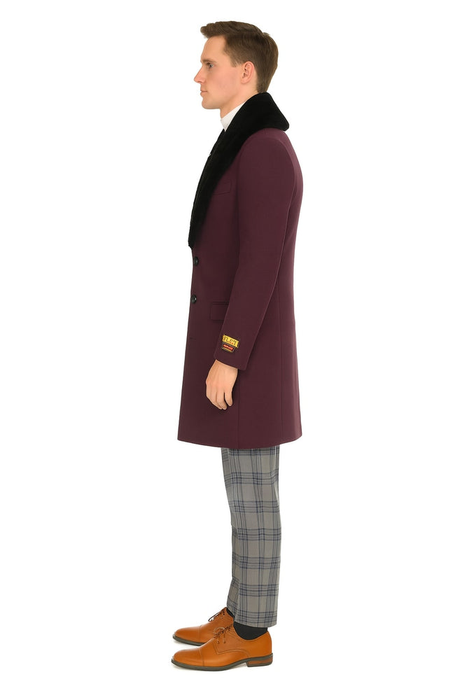 Mens Purple Wool Overcoat with Black Faux Fur Collar – Luxury Winter Dress Coats for Formal and Casual Wears