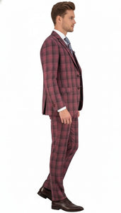 Mens Red Burgundy Plaid 3-Piece Suit – Classic Checkered Modern Fit Suit for Weddings, Church and Formal Events