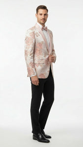 Men’s Pink Blush Floral Jacquard Blazer with Embellished Shawl Lapel – Luxury Party and Wedding Wear Jacket