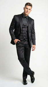 Men’s All Shiny Black Satin Suit – Black Satin Tuxedo Suit for Prom, Wedding, Formal Party and Evening Events Double breasted Vest
