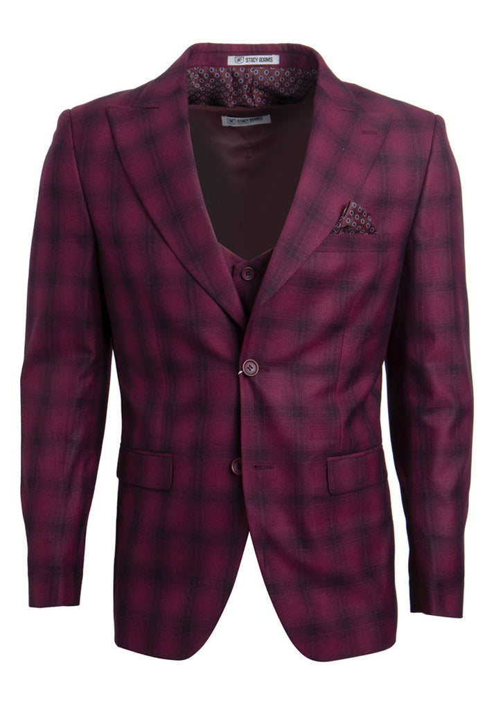 Men's Stacy Adams Burgundy Vested 2-Button Windowpane Plaid Suit