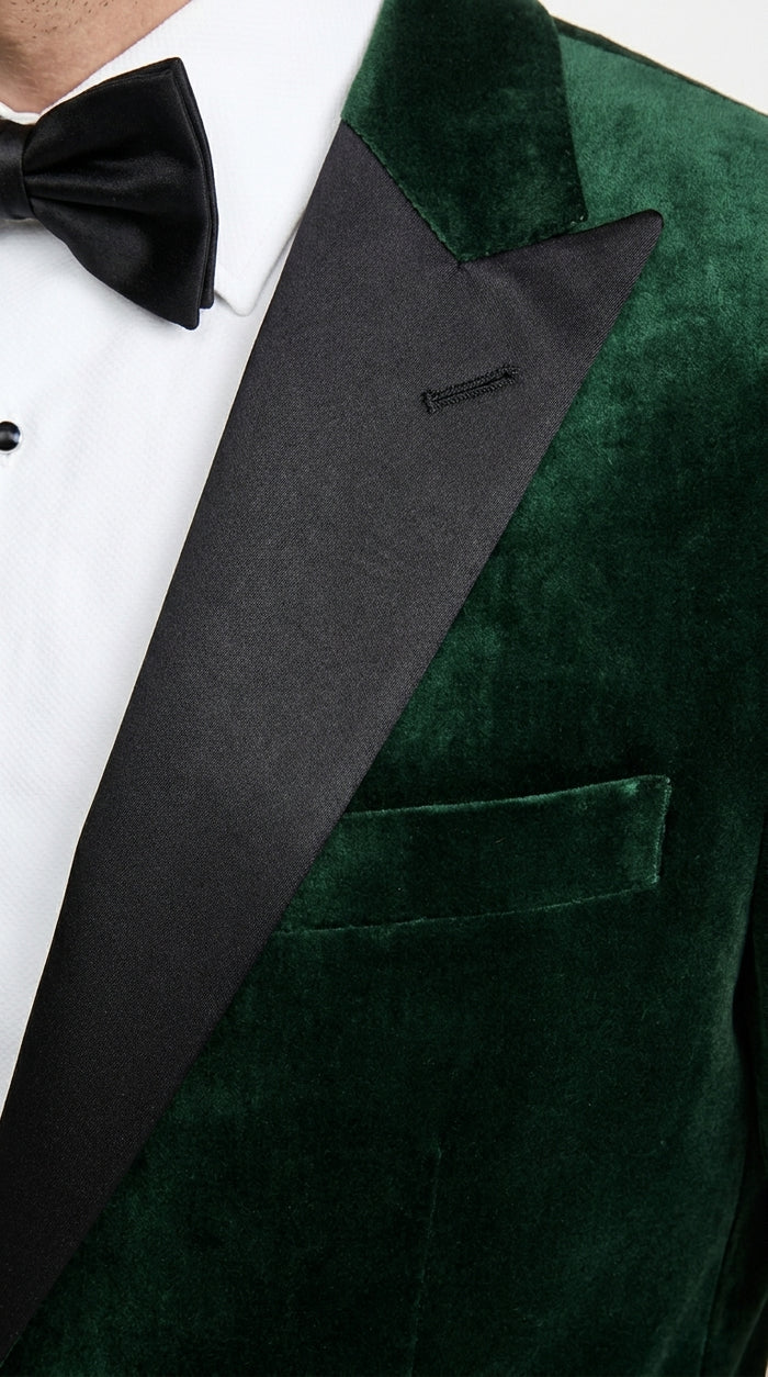 Men’s Olive Green Velvet Tuxedo Dinner Jacket – Black Satin Peak Lapel Formal Prom Wedding Blazer