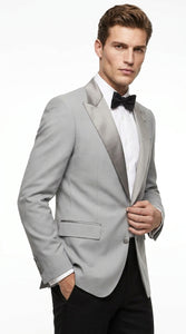 Men’s Silver Dinner Jacket – Satin Peak Lapel Tuxedo Blazer for Weddings, Prom & Formal Events in color silver grey