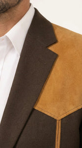 Men’s Chocolate Brown Western Blazer – Cowboy Sport Coat with Tan Suede Yoke for Rodeo & Country Wear