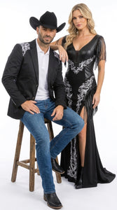 Men’s Black & White Western Blazer – Cowboy Sport Coat with Embroidered Shoulder & Back Design