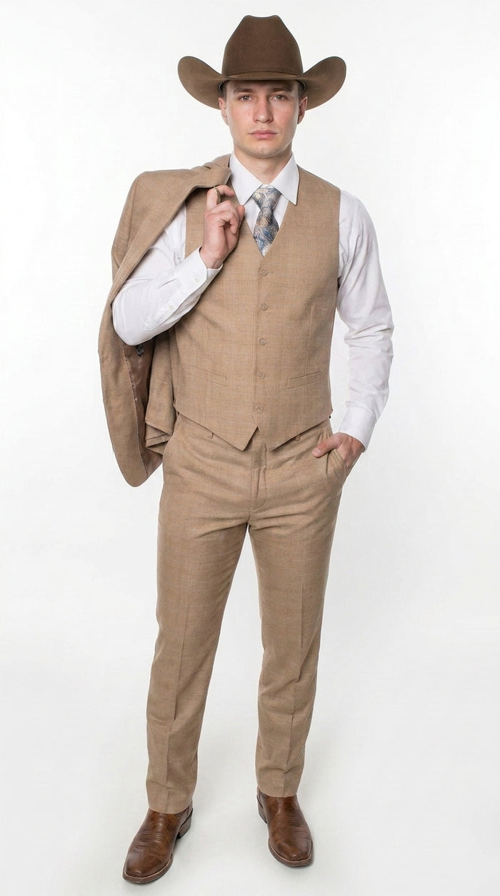 Men’s Khaki Tan Plaid Western Cowboy 3-Piece Suit – Texture Plaid windowpane Blazer, Vest & Pants