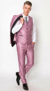 Men’s Shiny Mauve Pink 3 Piece Tuxedo – Wedding & Prom Suit with Black Shawl Lapel