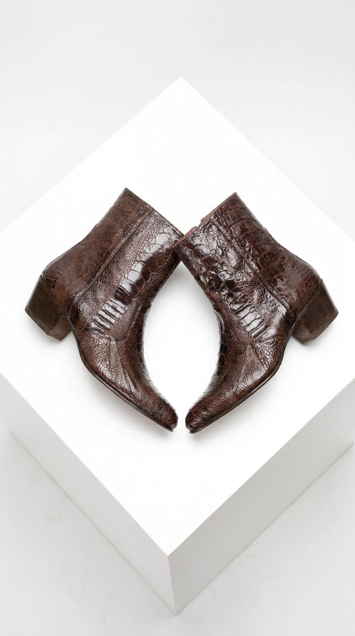 Men’s Brown Cuban Heel Boots – Exotic Ostrich Leg & Ostrich Quill Pointed Toe Dress Boots By Los Altos