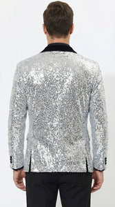 Men’s Silver Sequin Blazer Disco Style Jacket – Black Lapel Party Blazer, Shiny Evening Wear, 70s Dance Outfit, Formal Event Jacket