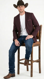 Men’s Burgundy Western  Blazer Jacket, Textured Cowboy Style Sport Coat for  - Tweed Herringbone Maroon Colo