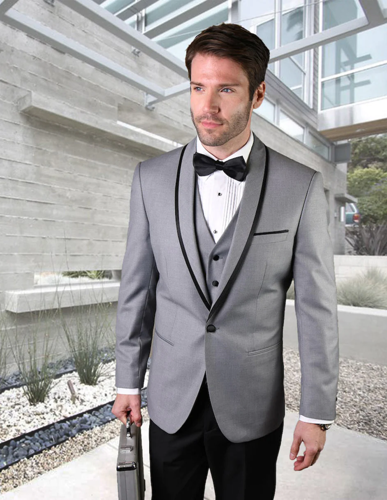 Designer Gray Prom Tuxedo - Grey Wedding Suit  in Shawl Lapel