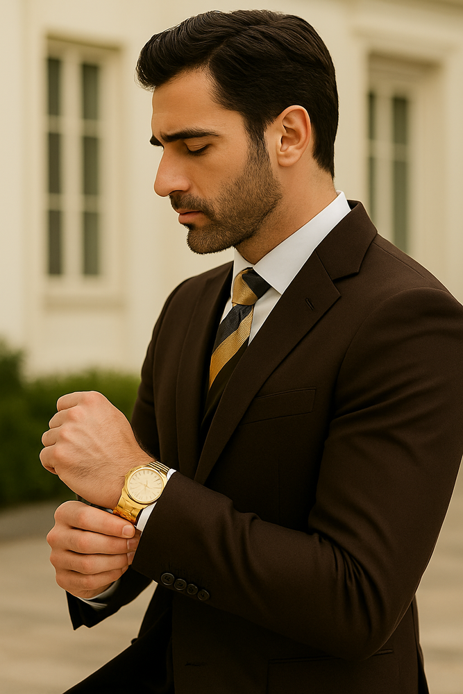 Super 150s Merino Wool Brown Vested Suit with Wide Peak Lapel